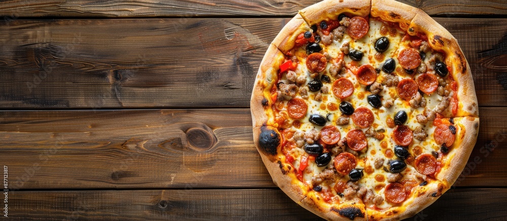 Poster top view of a delicious pizza topped with olives and sausages on a wooden table with copy space imag