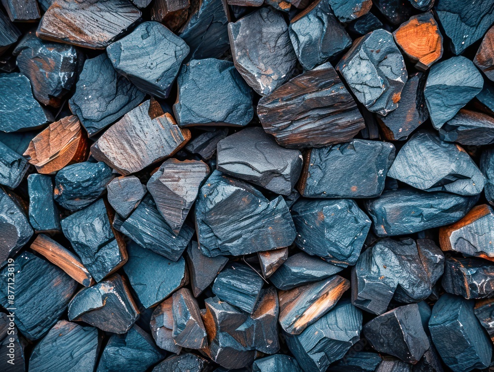 Poster dark slate texture background with eclectic mix of stones, variety of shapes and sizes for modern de