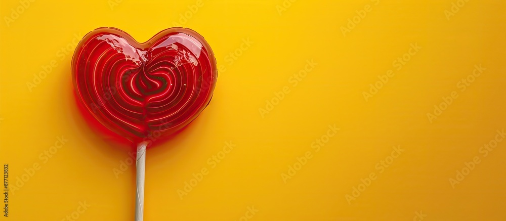 Poster Valentine's heart-shaped lollipop on a yellow backdrop with top view for text in the image.