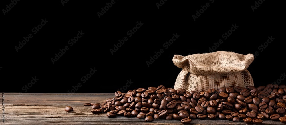 Poster roasted coffee beans in a paper bag on a wooden table with copy space image, used as a textured back