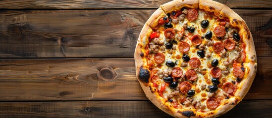 Top view of a delicious pizza topped with olives and sausages on a wooden table with copy space image.