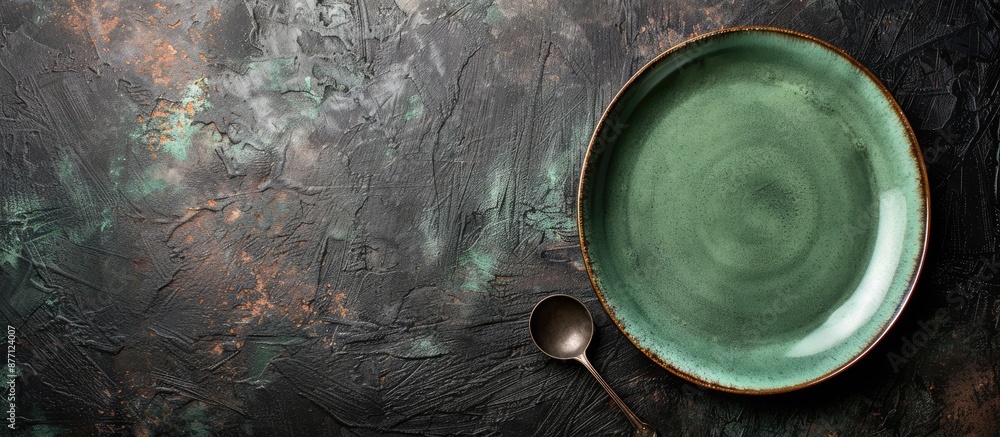 Fototapete Top view of an empty classic green plate on a dark rough table surface with ample copy space for menu or recipe backgrounds, enhancing a rustic table setting.