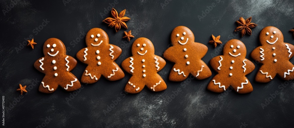 Poster gingerbread cookies shaped as pumpkins and vampire gingerbread men for halloween on a dark concrete 