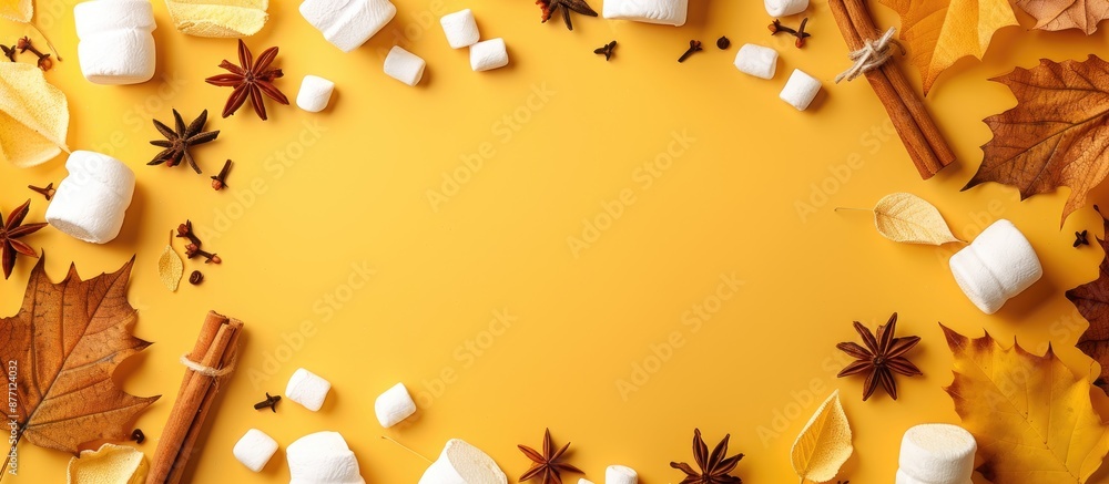 Poster autumn-themed arrangement with cinnamon, marshmallows, anise, on a yellow backdrop, creating a festi