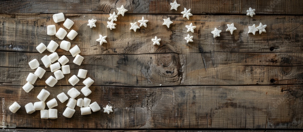 Poster a christmas tree made of marshmallows on a wooden backdrop with room for copy space image.