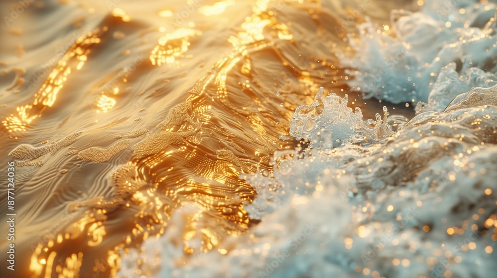 Poster golden light reflecting on rippling water waves texture background image. fluid motion and shimmerin