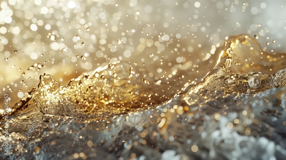 Poster dynamic golden water splashes captured in motion background image. light interacts with water textur