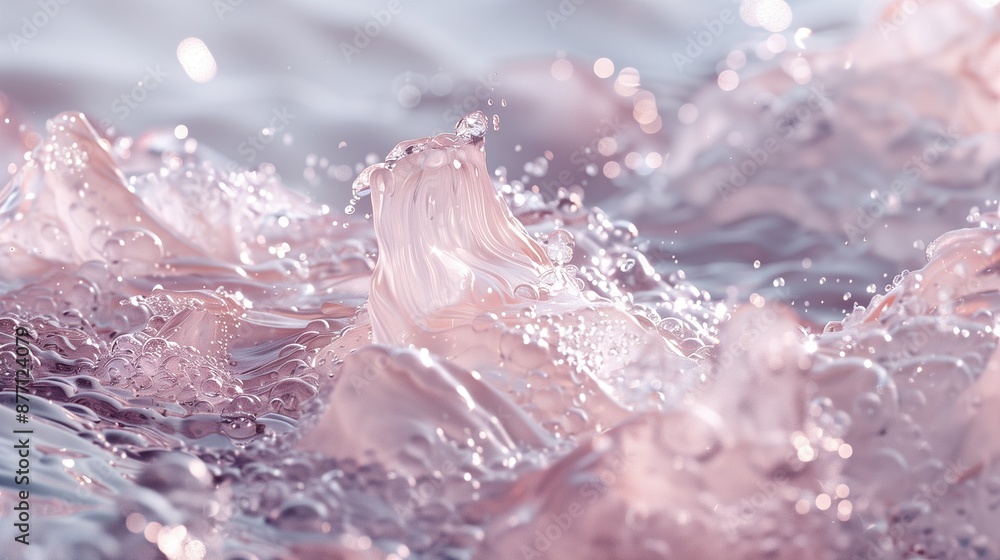 Poster pink water waves splashes with bubbles texture background image. dreamy fluid motion and delicate pa