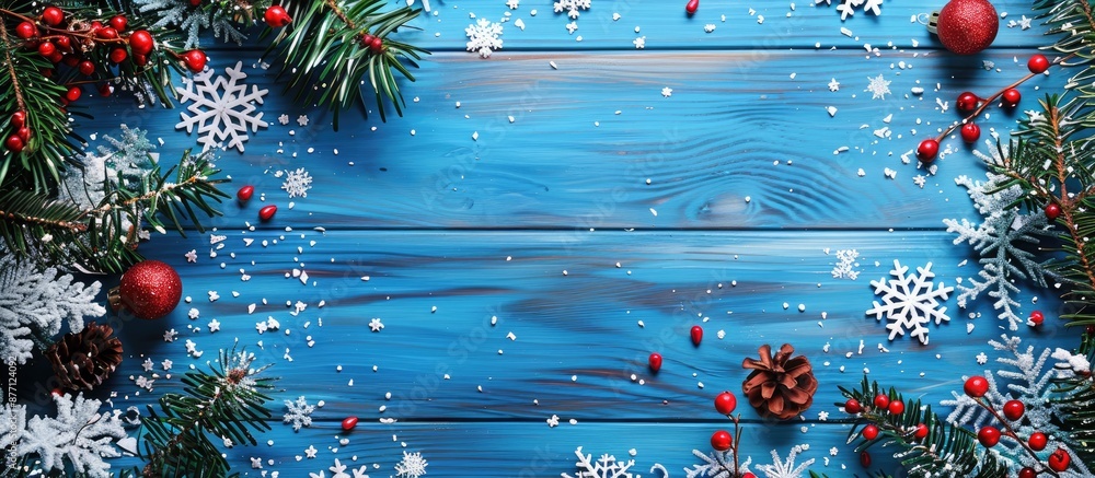 Aufkleber a view from above the snowy christmas scene on a blue wooden background with designated copy space i