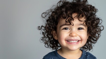 A close up portrait of a young girl with curly hair smiling.