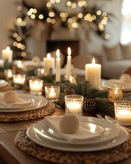 a table set for a holiday dinner with lit candles