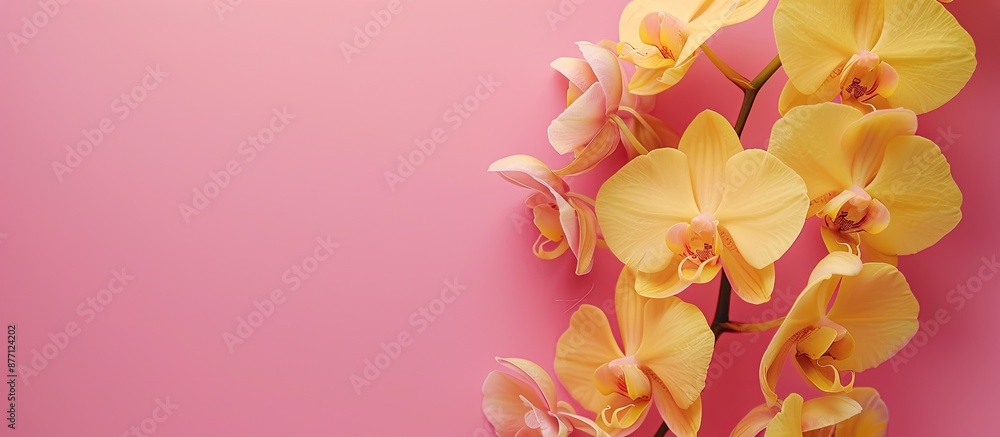 Poster close-up of a yellow orchid on a soft pink backdrop in a top-down view, with room for additional ele