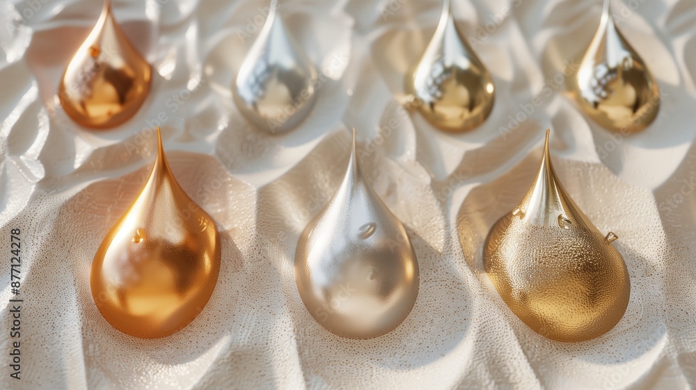 Poster luxurious metallic droplets rest on textured sandy background image. artfully arranged photo backdro