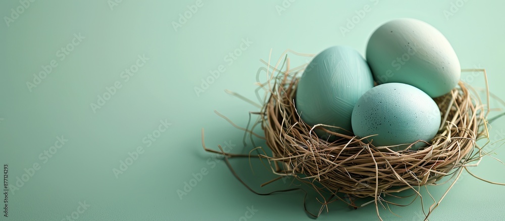 Poster Blue Easter eggs set in a nest on a pastel green backdrop provide ample copy space image.