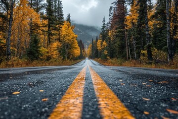 Obraz premium Empty road in Alberta, Canada - perfect road trip vacation during autumn with colored trees