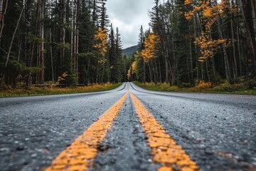 Empty road in Alberta, Canada - perfect road trip vacation during autumn with colored trees