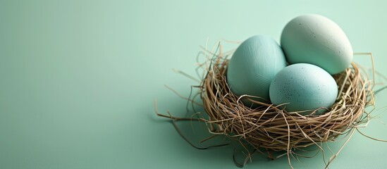 Obraz premium Blue Easter eggs set in a nest on a pastel green backdrop provide ample copy space image.