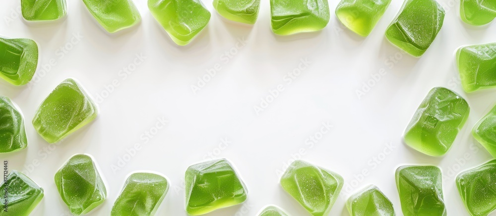 Poster An array of green gummy candies presented in a frame on a white background in a top-down perspective offers room for text or design in the copy space image.
