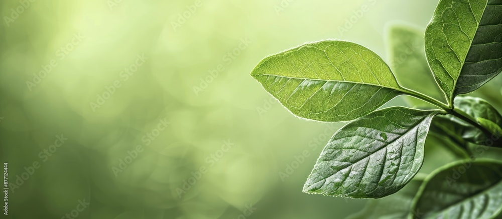 Poster closeup view of a rich green leaf set against a soft green backdrop, offering ample copy space for a