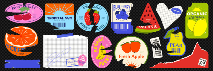 A set of stickers with fruit. Torn stickers, patches, price tags, barcodes and torn paper. Trendy retro design, collage style. Checkered background with imitation png illustration.