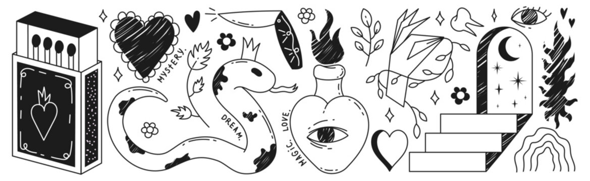 A set of vintage simple doodle boho illustrations. The concept of mysticism, isotericism. Elements for tattoo.	
