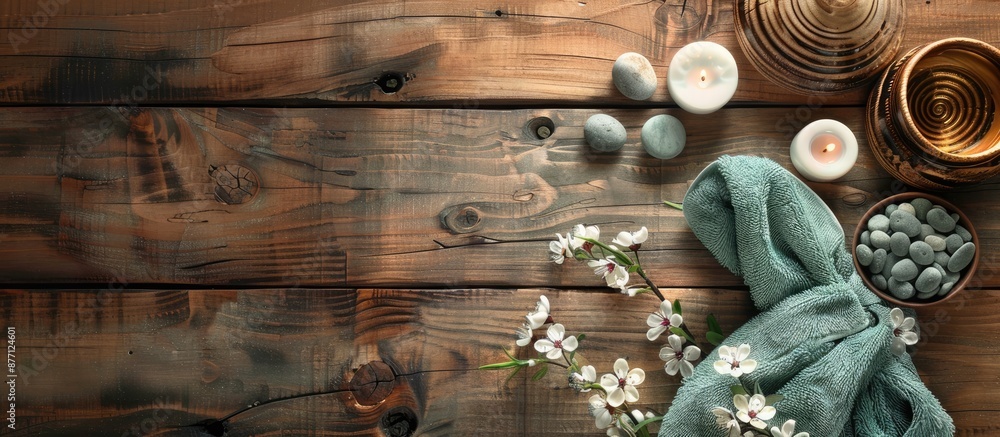 Poster Spa elements arranged attractively on a wooden surface with ample copy space image.