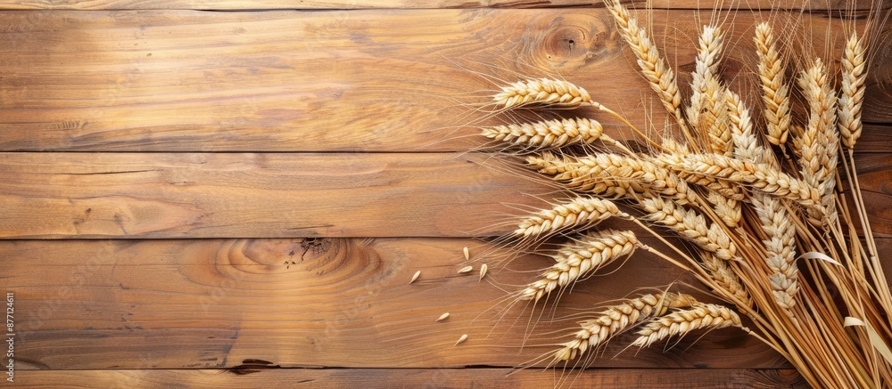 Poster A top-down view of wheat ears displayed on a wooden background with a clear area for text, suitable for a copy space image.