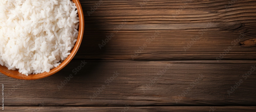 Poster Top view image of a bowl of cooked rice on a wooden background with ample copy space for text or graphics.