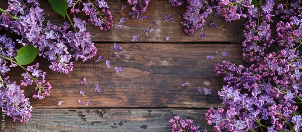 Aufkleber top view of lilac flowers on a wooden surface with ample copy space image available.