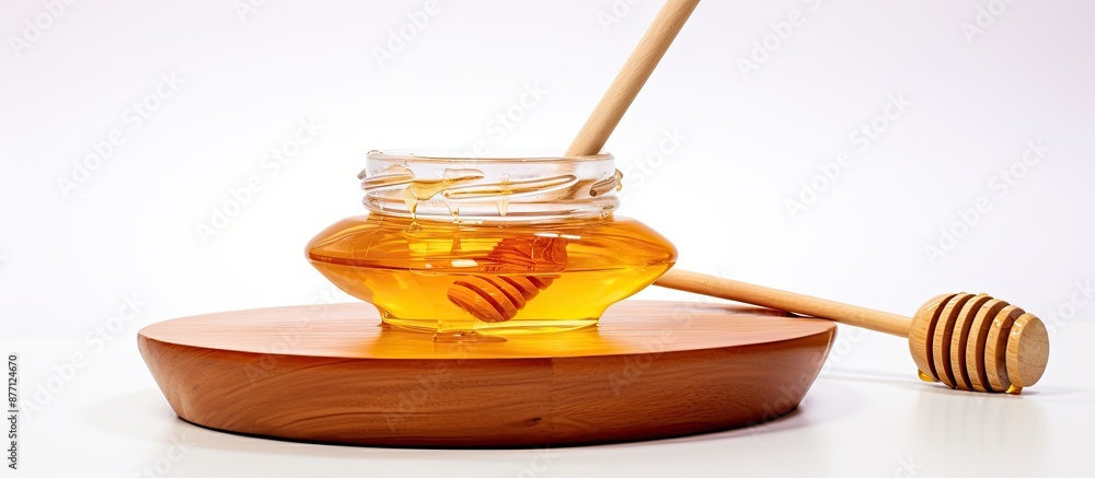 Poster Top-view image of a honey jar with a wooden dipper on a white background, displaying a delicious bottle of honey with copy space.