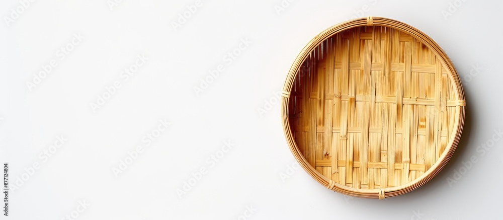 Poster Isolated on a white backdrop, a bamboo saucer is featured with copy space image.