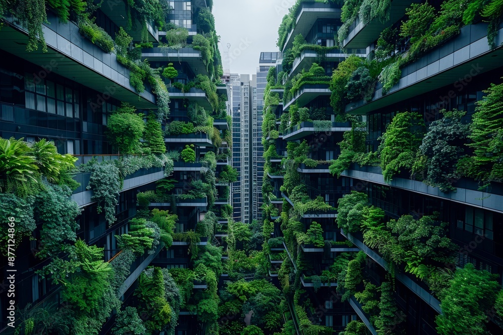 Poster panoramic view of buildings covered in vertical forests, integrating nature into urban architecture.