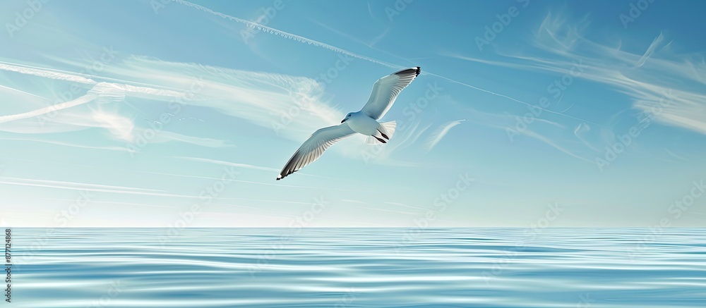 Poster a seagull soaring gracefully above the ocean with a clear blue sky background in a copy space image.