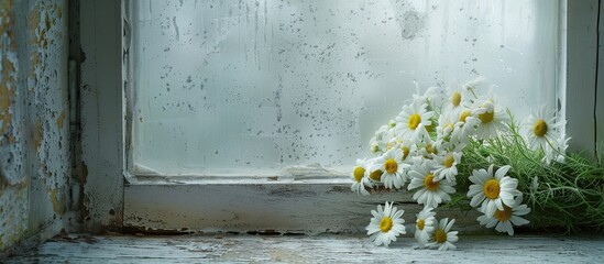 A bunch of daisies and bindweed displayed on a vintage windowsill with copy space image.
