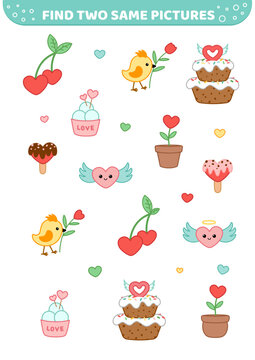 Find two same pictures. Cute romanse elements. Game for children. Cartoon, vector