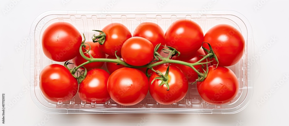 Poster shopping concept with fresh tomatoes in plastic packaging placed on a white wooden surface, creating