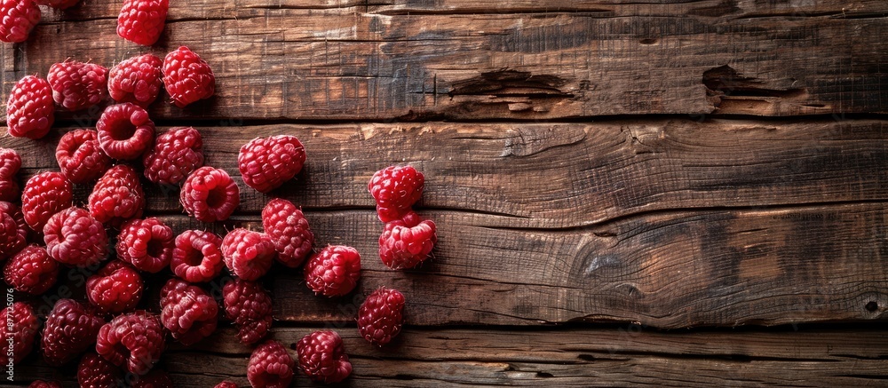 Aufkleber Fresh raspberries displayed on a rustic old wooden tabletop with ample copy space image.