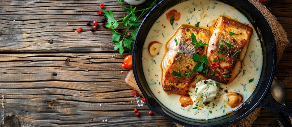 Poster A healthy fish meal with quenelles in white sauce on a rustic table with copy space image in top view.