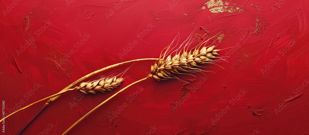Poster Golden wheat painted in gold on a red background with top twist, creating a trendy copy space image.