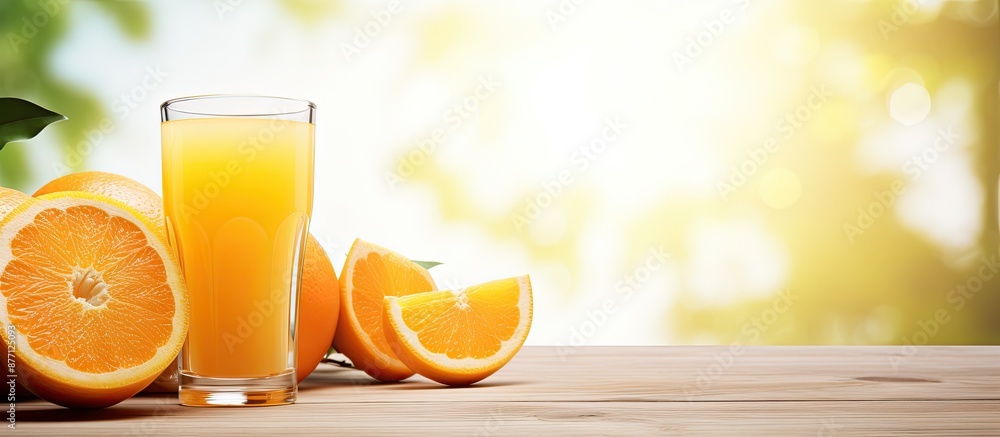 Poster glass of orange juice with slices on a wooden table against a bright backdrop, ideal for copy space 