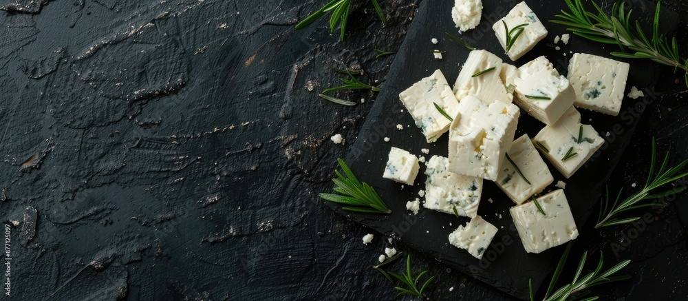 Poster delicious feta cheese arranged against a dark background in a copy space image.