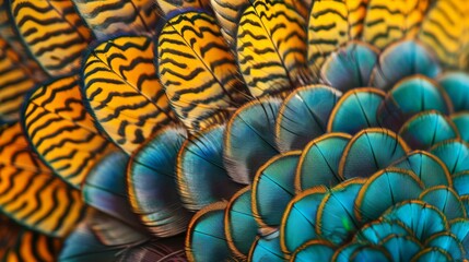 Fototapeta premium A tight shot of a peacock's feathers, displaying blues, yellows, greens, and oranges