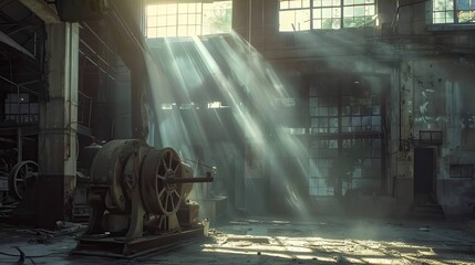Sunlight streams through the windows of an abandoned industrial warehouse, illuminating old machinery and creating a moody atmosphere.