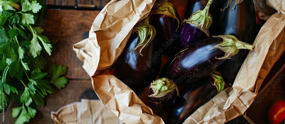 Poster fresh eggplants rest in paper bag at market, emphasizing shopping for produce with a flat lay, top v