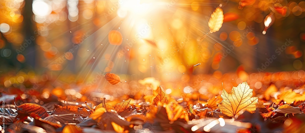 Aufkleber bright sunshine illuminates fallen leaves in an autumn forest creating a picturesque scene with abun