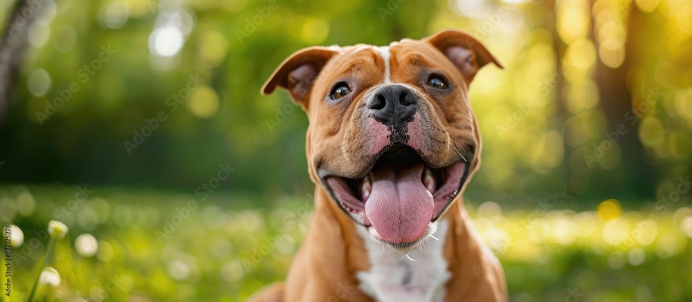 Poster american bully dog sitting in a park with its tongue out in a portrait with copy space image.