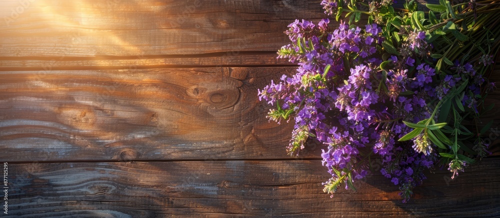 Sticker Purple flowers on a wooden table illuminated by the morning sunlight, creating a serene ambiance with copy space image.