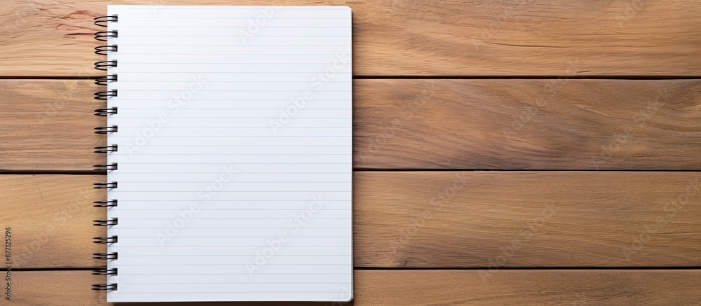 Poster notebook and pen on a wooden table with available space for text or education message in the image.