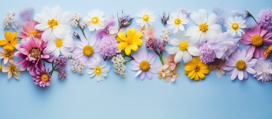 Top view of pink, purple, and yellow flowers on a pastel blue backdrop in a flat lay copy space image.