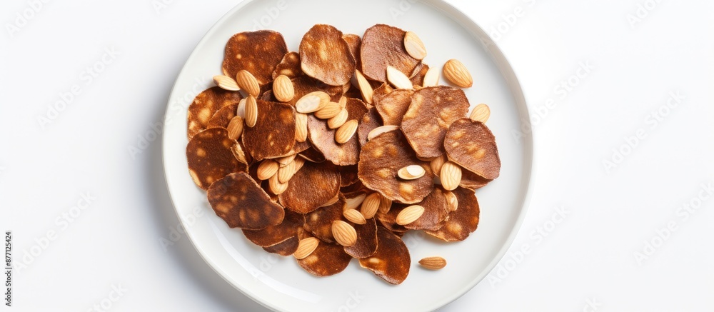 Poster top view of chocolate almond thin chips on a plate against a white background with copy space image.